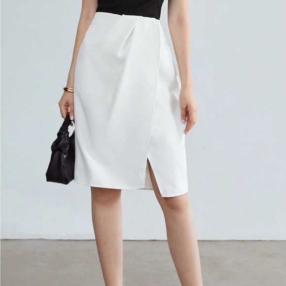 Dresses & Skirts - Premium Asymmetrical lace detail White knee length midi skirt